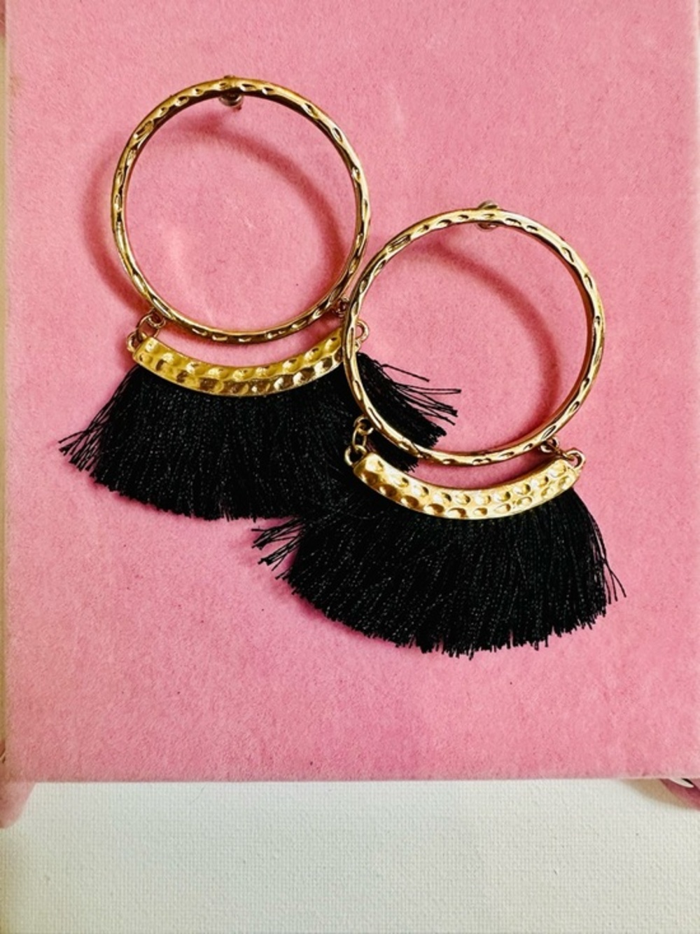 Boho Gold Hoop Black Tassel Earrings
